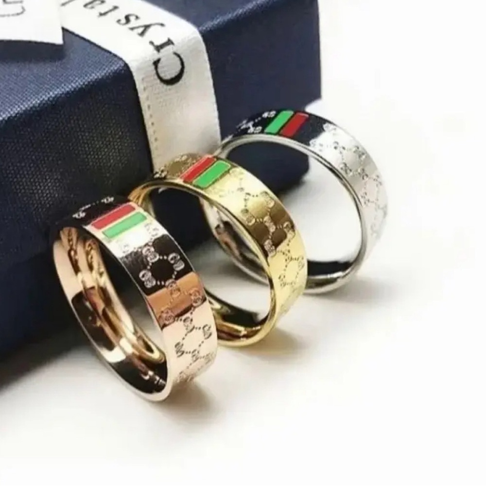 18K Gold Monogram Ring With Green & Red Stripe and Monogram All Around - Picture 4 of 5